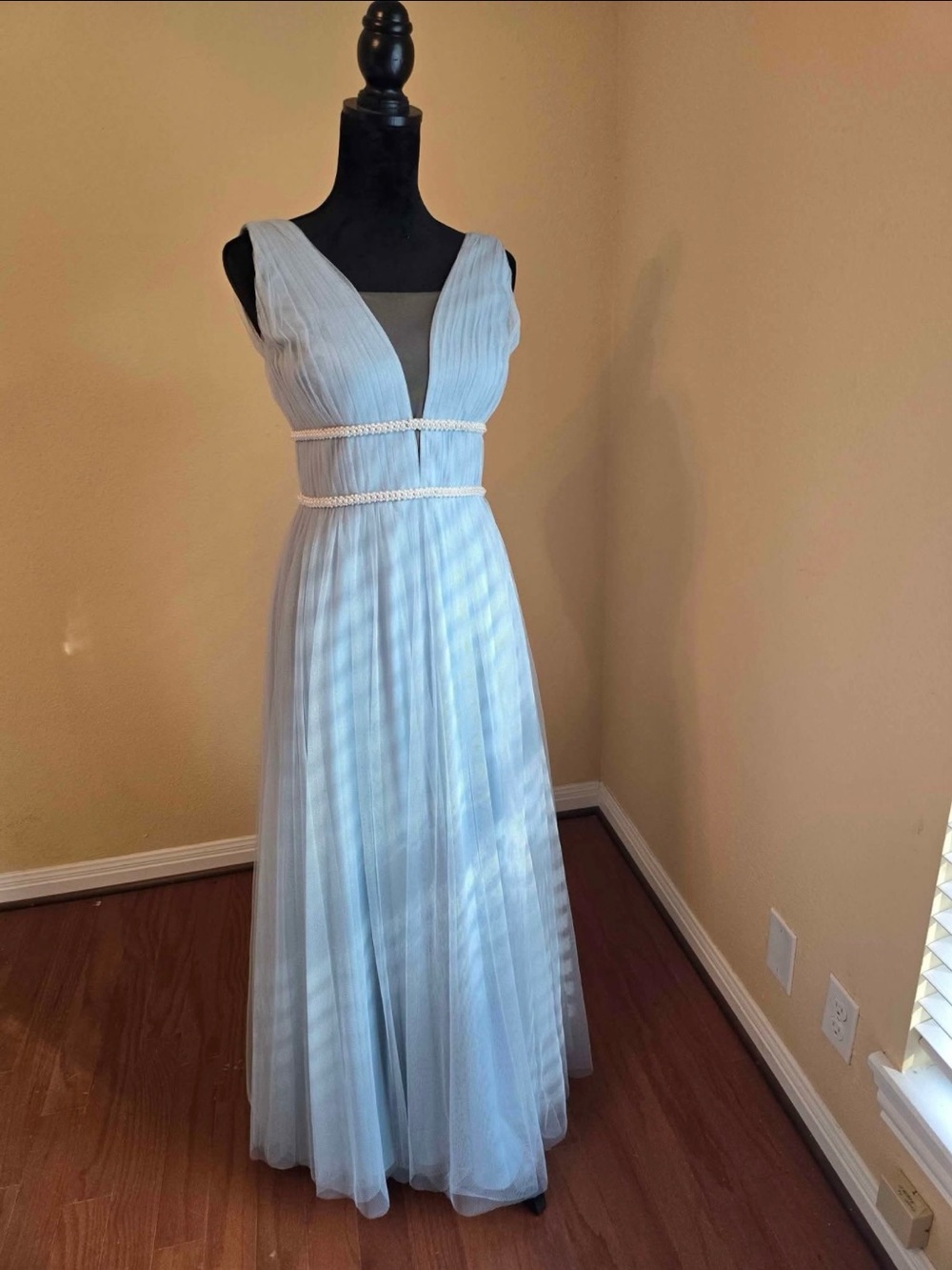 Theia DISCONTINUED Light Blue Pleated V-Neck Gown With Pearl Waist Accent